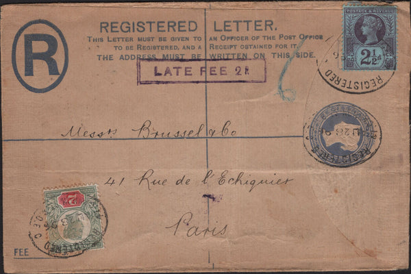 144833 1896 2d BLUE REGISTERED ENVELOPE LONDON TO PARIS UPRATED 2d AND 2½d JUBILEE WITH 'LATE FEE 2D' HANDSTAMP.