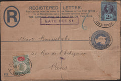 144833 1896 2d BLUE REGISTERED ENVELOPE LONDON TO PARIS UPRATED 2d AND 2½d JUBILEE WITH 'LATE FEE 2D' HANDSTAMP.