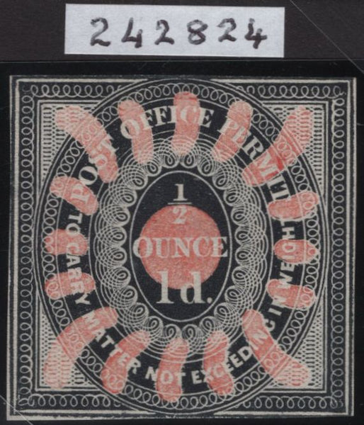 144837 CIRCA 1839 CHARLES WHITING ESSAY FOR PROPOSED POSTAGE STAMP IN BLACK AND PINK.