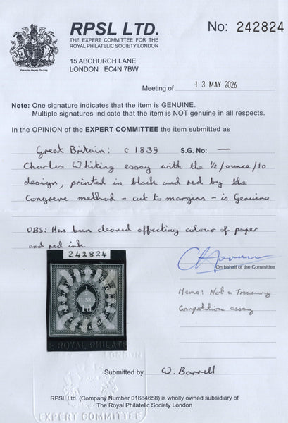 144837 CIRCA 1839 CHARLES WHITING ESSAY FOR PROPOSED POSTAGE STAMP IN BLACK AND PINK.