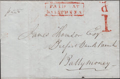 144838  1841 MAIL BALLYMENA, CO. ANTRIM TO BALLYMONEY WITH 'PAID AT/BALLYMENA' AND 'd/1' UNIFORM PENNY POST HANDSTAMPS OF BALLYMENA IN ORANGE.