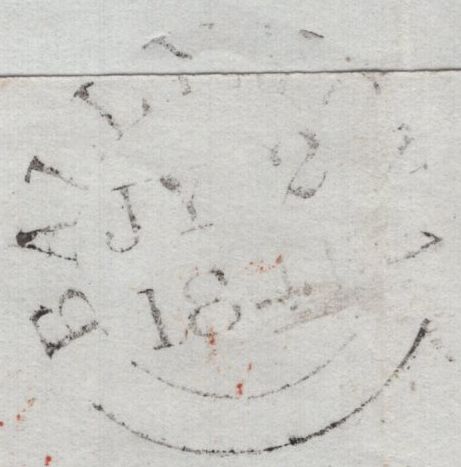 144838  1841 MAIL BALLYMENA, CO. ANTRIM TO BALLYMONEY WITH 'PAID AT/BALLYMENA' AND 'd/1' UNIFORM PENNY POST HANDSTAMPS OF BALLYMENA IN ORANGE.