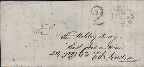144840 1845 MAIL LONGFORD, IRELAND TO LONDON POSTED UNPAID WITH LONGFORD '2' CHARGEMARK IN BLACK.