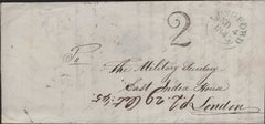 144840 1845 MAIL LONGFORD, IRELAND TO LONDON POSTED UNPAID WITH LONGFORD '2' CHARGEMARK IN BLACK.