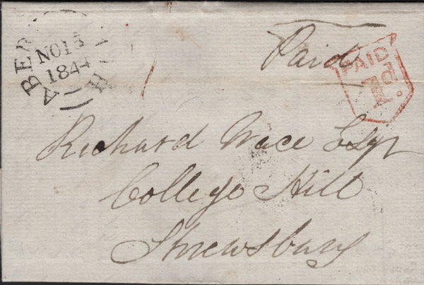 144841 1844 MAIL ABERYSTWITH, CARDIGANSHIRE TO SHREWSBURY WITH ABERYSTWITH 'PAID/1d.' UNIFORM PENNY POST 'SHIELD' HANDSTAMP (W125).