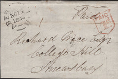 144841 1844 MAIL ABERYSTWITH, CARDIGANSHIRE TO SHREWSBURY WITH ABERYSTWITH 'PAID/1d.' UNIFORM PENNY POST 'SHIELD' HANDSTAMP (W125).