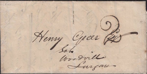 144843 1843 UNPAID MAIL DUBLIN TO LURGAN, CO. ARMAGH WITH DUBLIN '2' HANDSTAMP CHARGEMARK IN BLACK.