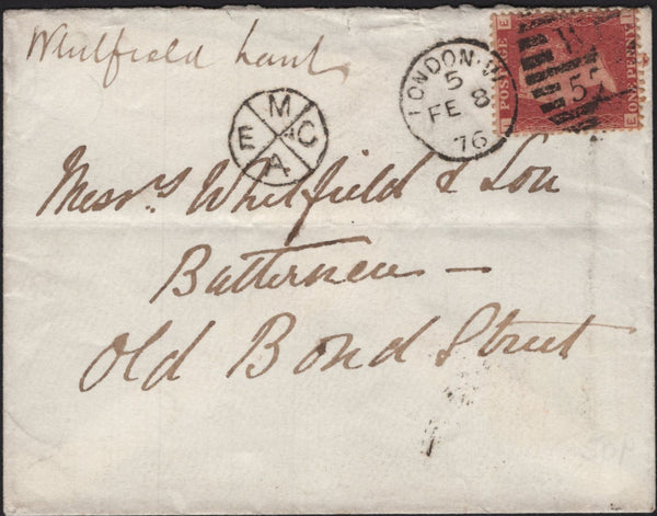 144845 1876 MAIL USED IN LONDON 1d PL.166 (SG43) WITH CIRCULAR MIS-SORTED HANDSTAMP 'M/E/C/A'.