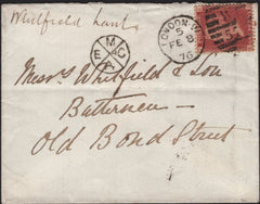 144845 1876 MAIL USED IN LONDON 1d PL.166 (SG43) WITH CIRCULAR MIS-SORTED HANDSTAMP 'M/E/C/A'.