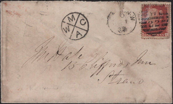 144846 1869 MAIL USED IN LONDON 1d PL.114 (SG43) WITH CIRCULAR MIS-SORTED HANDSTAMP 'M/W/C/A'.