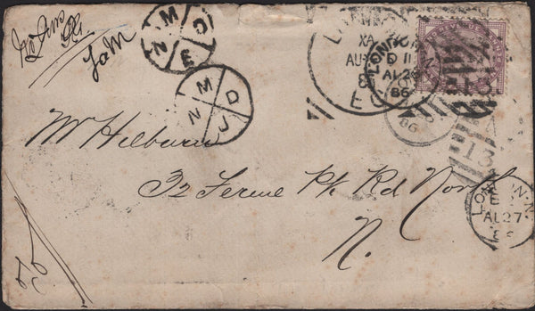 144848 1886 MAIL USED  IN LONDON 1d LILAC (SG172) HOSTER  CANCELLATION WITH VARIOUS DATE STAMPS FROM ATTEMPED DELIVERY INCLUDING CIRCULAR MIS-SORTED HANDSTAMPS 'M/N/D/E' AND 'M/N/D/J'.
