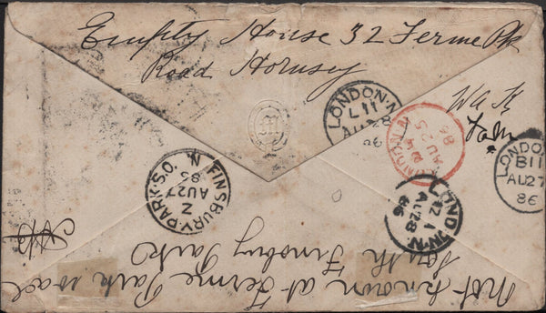144848 1886 MAIL USED  IN LONDON 1d LILAC (SG172) HOSTER  CANCELLATION WITH VARIOUS DATE STAMPS FROM ATTEMPED DELIVERY INCLUDING CIRCULAR MIS-SORTED HANDSTAMPS 'M/N/D/E' AND 'M/N/D/J'.