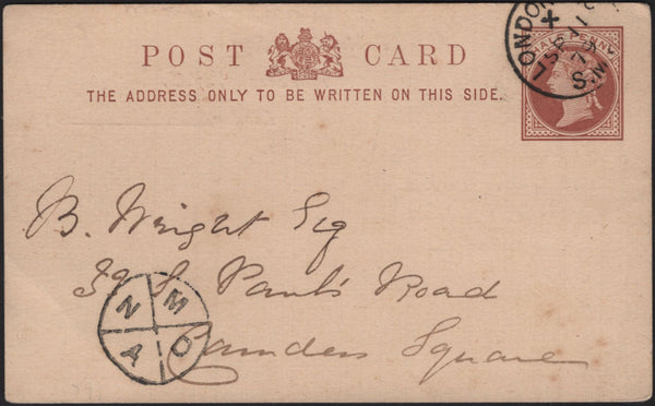 144849 1879 QV ½d BROWN POSTCARD USED IN LONDON WITH CIRCULAR MIS-SORTED HANDSTAMP 'M/N/D/A'.