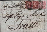 144850 1877 MAIL LONDON TO TRIESTE 3d ROSE PL.19 (SG143) AND 1d PL.181 (SG43) x 2.