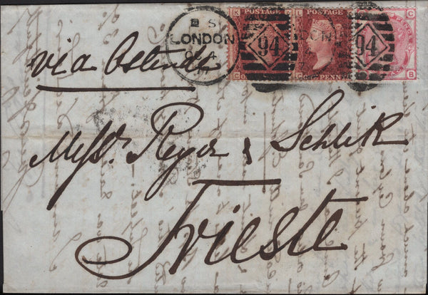 144850 1877 MAIL LONDON TO TRIESTE 3d ROSE PL.19 (SG143) AND 1d PL.181 (SG43) x 2.