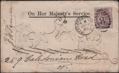 144851 1885 'O.H.M.S.'  MAIL USED AND REDIRECTED WITHIN LONDON 1d LILAC 'I.R./OFFICIAL'(SG O3) WITH CIRCULAR 'CROWN/R.'  HANDSTAMP.