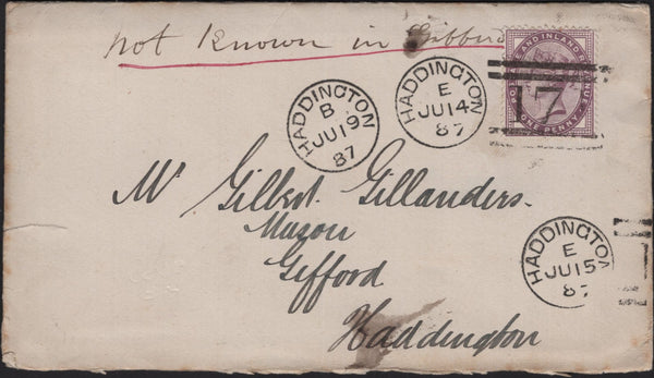144852 1887 UNDELIVERED MAIL WITHIN HADDINGTON, EAST LOTHIAN 1d LILAC (SG172).