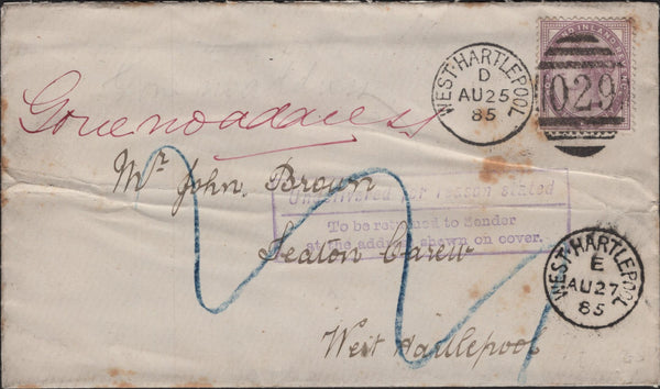 144853 1885 UNDELIVERED MAIL USED LOCALLY WEST HARTLEPOOL, DURHAM 1d LILAC (SG172) MANUSCRIPT 'GONE NO ADDRESS'.