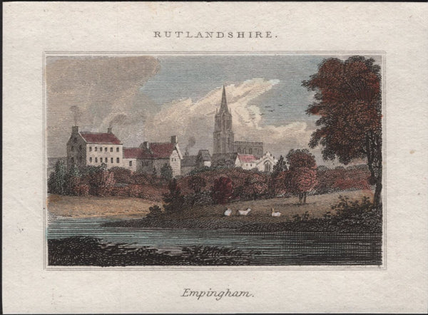 144855 CIRCA 1810-1820 HAND PAINTED PRINT OF 'EMPINGHAM, RUTLANDSHIRE'.