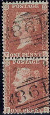 144856 1855 DIE 2 1d PL.7 S.C.14 (SG24) GOOD TO FINE USED VERTICAL PAIR EG/FG.