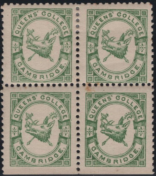 144887 1883 ½d BRIGHT GREEN QUEENS' COLLEGE, CAMBRIDGE (CS15) VERY FINE UNUSED BLOCK OF FOUR.