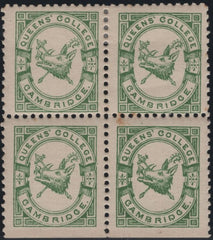 144887 1883 ½d BRIGHT GREEN QUEENS' COLLEGE, CAMBRIDGE (CS15) VERY FINE UNUSED BLOCK OF FOUR.