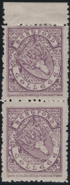 144890 1879 ½d BRIGHT MAUVE HERTFORD COLLEGE, OXFORD (CS4) VERY FINE UNUSED TOP MARGINAL VERTICAL PERFORATED PAIR.