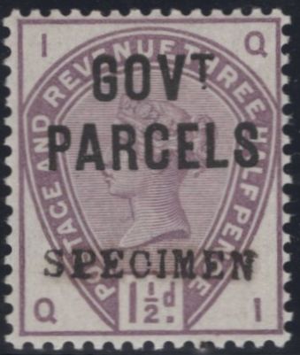 144896 1886 1½d LILAC (SG188) 'GOVT./PARCELS' OVERPRINTED 'SPECIMEN' (SG061s).