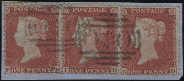 144899 1855 SMALL PIECE DIE 1 1d PL.196 S.C.14 (SG22) x THREE WITH TWO STRIKES CRIMEAN 'OXO' CANCELLATIONS.