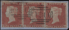 144899 1855 SMALL PIECE DIE 1 1d PL.196 S.C.14 (SG22) x THREE WITH TWO STRIKES CRIMEAN 'OXO' CANCELLATIONS.