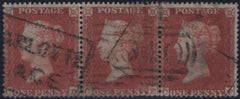 144907 1854 DIE 1 1d PL.203 (SG17) GOOD USED STRIP OF THREE CRIMEAN WAR 'OXO' AND 'CHARLOTTE/PLACE' SCOTS LOCAL CANCELLATIONS.