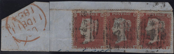 144917 1854 PIECE  STRIP OF THREE DIE 1 1d PL.185 (SG17) WITH CRIMEAN WAR '*CROWN*' CANCELLATIONS.
