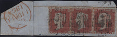144917 1854 PIECE  STRIP OF THREE DIE 1 1d PL.185 (SG17) WITH CRIMEAN WAR '*CROWN*' CANCELLATIONS.