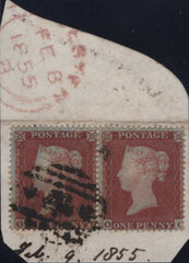 144918 1855 PIECE FINE USED HORIZONTAL PAIR DIE 1 1d PL.163 (SG17) WITH CRIMEAN WAR '*CROWN*' CANCELLATION.