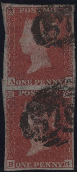144922 1853 1d PL.167 (SG8) GOOD USED VERTICAL PAIR (AG BG) AG MISSING IMPRIMATUR LETTERING.