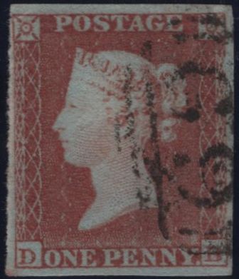 144991 1852 DIE 1 1d PL.148 VERY BLUED PAPER (SG8a)(DB)  FINE USED.