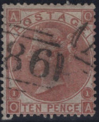 145001 1867 10d PALE RED-BROWN (SG113)(OA) 'A86' MAIL BOAT CANCELLATION, FINE USED.