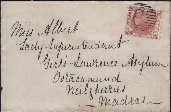 145002 1874 MAIL CONSTANTINOPLE TO MADRAS 10d PALE RED-BROWN (SG113) CANCELLED 'C' OF CONSTANTINOPLE.