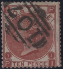 145015 1867 10d DEEP RED-BROWN (SG114)(PI) GOOD USED.