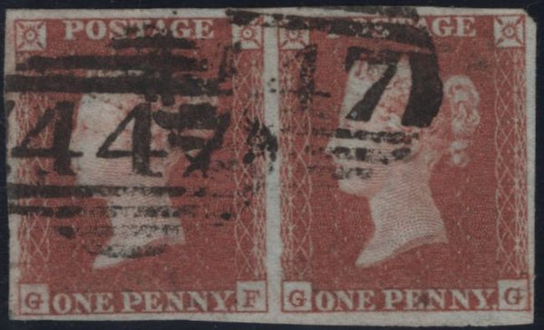 145026 1849 DIE 1 1d PL.98 (SG8) HORIZONTAL PAIR GF GG FINE USED.