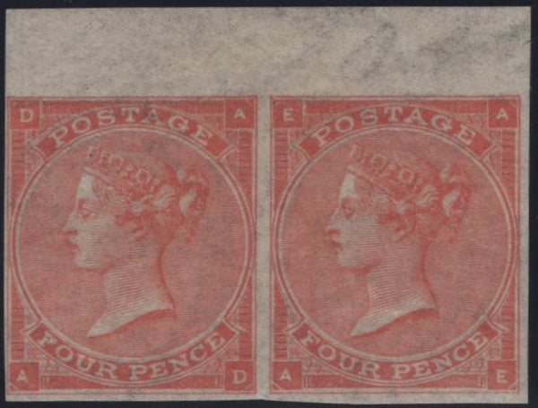 145051  1863 4d PALE RED PL.4 ERROR IMPERFORATE HORIZONTAL PAIR (SG82a) FINE UNUSED.