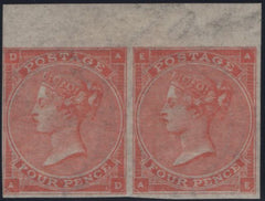 145051  1863 4d PALE RED PL.4 ERROR IMPERFORATE HORIZONTAL PAIR (SG82a) FINE UNUSED.