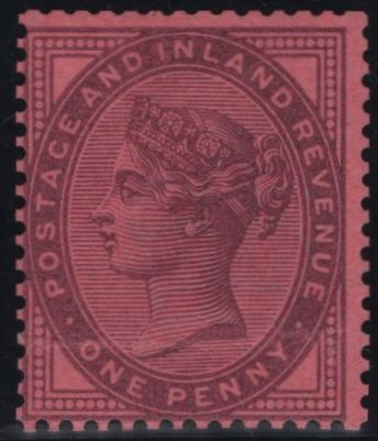 145052 1881 1d LILAC COLOUR TRIAL PERFORATED WATERMARK CROWN IN PURPLE ON PINK PAPER.