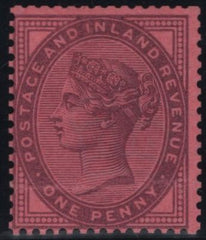 145052 1881 1d LILAC COLOUR TRIAL PERFORATED WATERMARK CROWN IN PURPLE ON PINK PAPER.