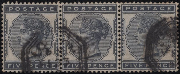 145053 1881 5d INDIGO (SG169) FINE TO VERY FINE USED STRIP OF THREE.