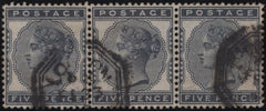145053 1881 5d INDIGO (SG169) FINE TO VERY FINE USED STRIP OF THREE.
