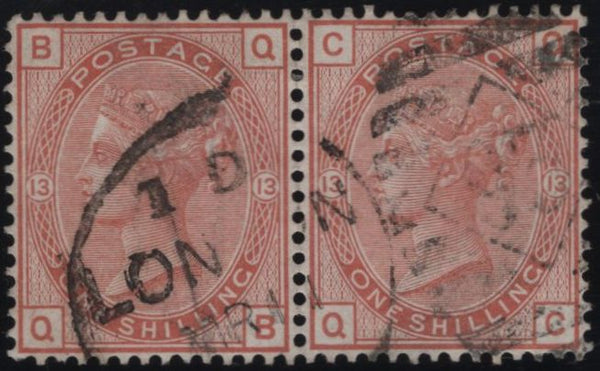 145054 1880 1s ORANGE-BROWN PL.13 WATERMARK SPRAY OF ROSE (SG151) FINE USED HORIZONTAL PAIR.