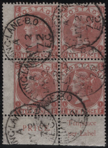 145059 1867 10d PALE RED-BROWN (SG113) VERY FINE USED CORNER MARGINAL BLOCK OF FOUR,