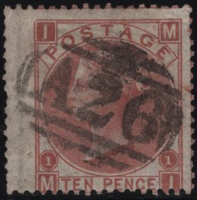 145060 1867 10d PALE RED-BROWN (SG113)(MI) 'A26' NUMERAL OF GIBRALTAR, GOOD USED.