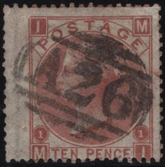 145060 1867 10d PALE RED-BROWN (SG113)(MI) 'A26' NUMERAL OF GIBRALTAR, GOOD USED.